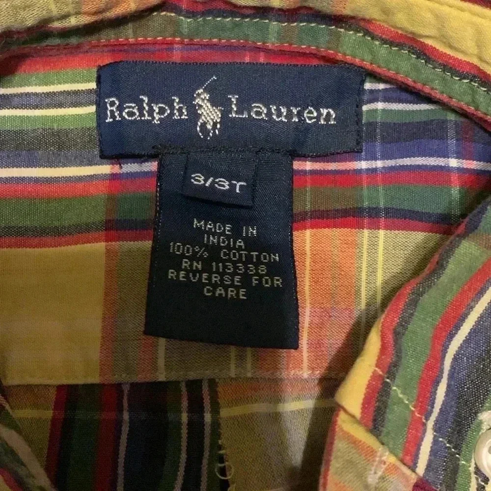 Boys Ralph Lauren Short Sleeve Plaid‎ Button Down Shirt Size 3T EUC